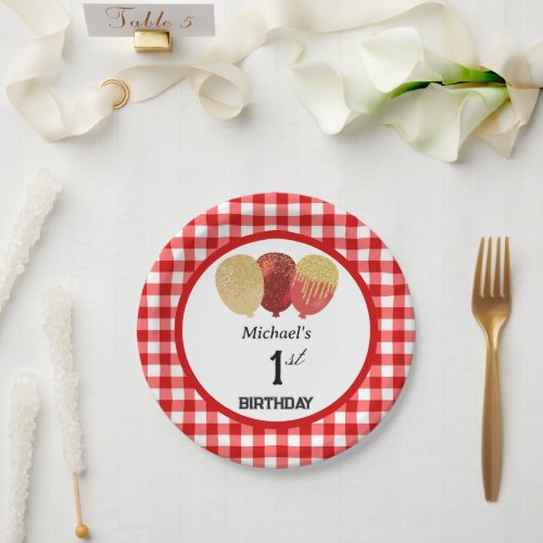 Red Gingham  Balloons 1st Birthday Paper Plates