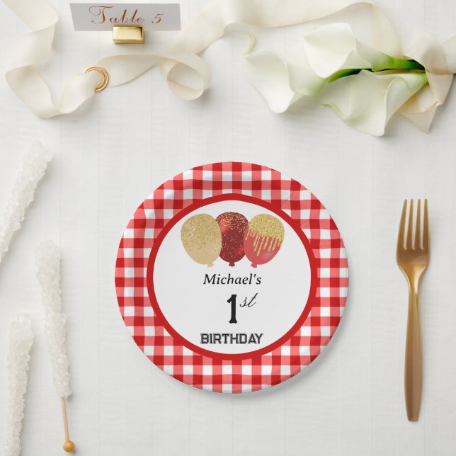 Red Gingham & Balloons 1st Birthday Paper Plates (Wedding)