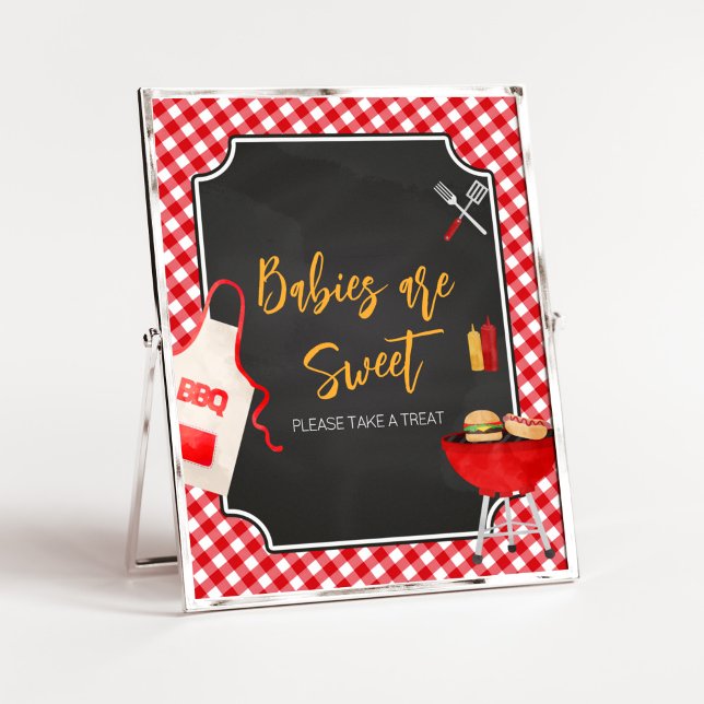Red Gingham BBQ Baby Shower Babies are Sweet Poster (Burger in the Oven Baby Shower Babies are Sweet Sign)