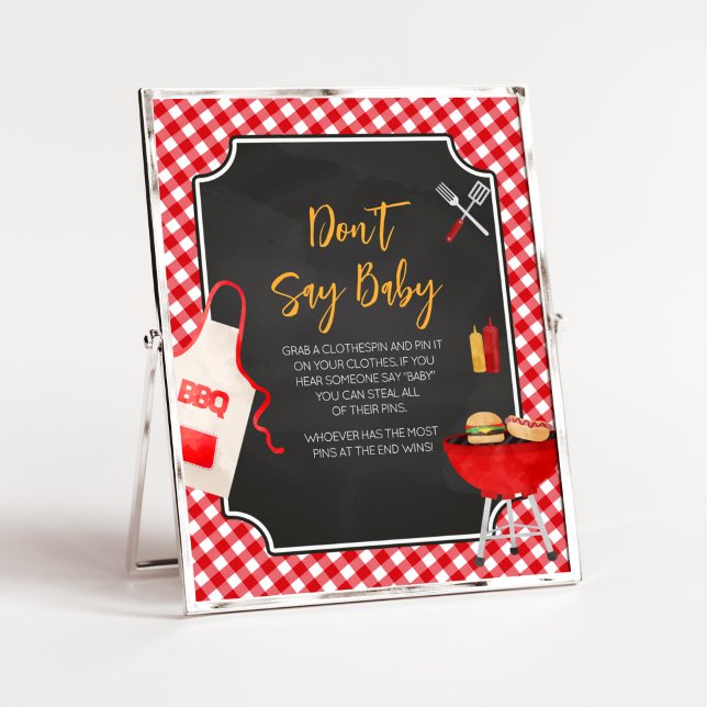 Red Gingham BBQ Baby Shower Don't Say Baby  Poster (Burger in the Oven Baby Shower Don't Say Baby Sign
)