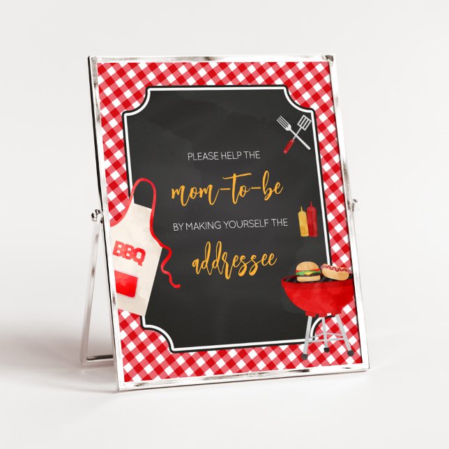 Red Gingham BBQ Baby Shower Envelope Station Poster (Burger in the Oven Baby Shower Envelope Station Sign)