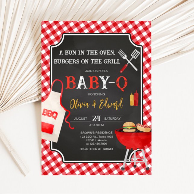 Red Gingham BBQ Baby Shower Invitation (Burger in the Oven Baby Shower Invitation)