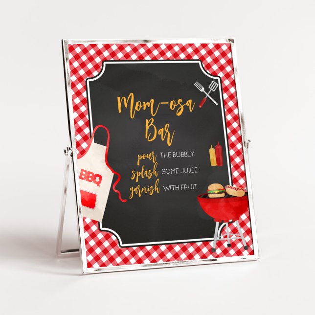 Red Gingham BBQ Baby Shower Mom Osa Bar Poster (Burger in the Oven Baby Shower Mom Osa Bar Sign)