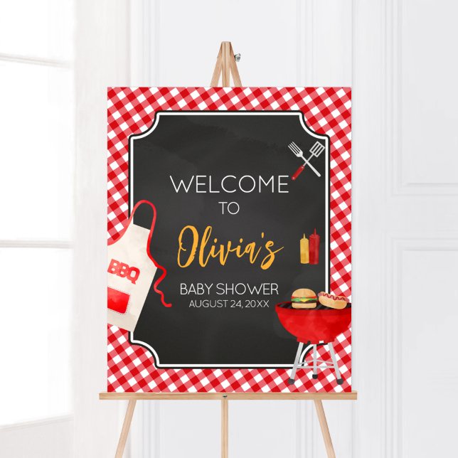 Red Gingham BBQ Baby Shower Welcome Poster (Burger in the Oven Baby Shower Welcome Sign)
