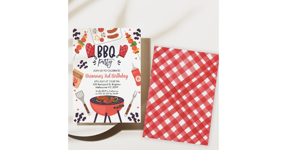Red Gingham Bbq Birthday Party Invitation | Zazzle