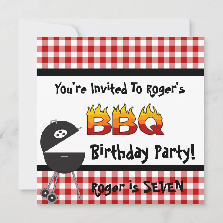 Red Gingham BBQ Birthday Party Invitations | Zazzle