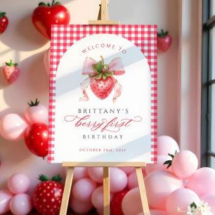 Red Gingham Berry First Birthday Welcome Sign