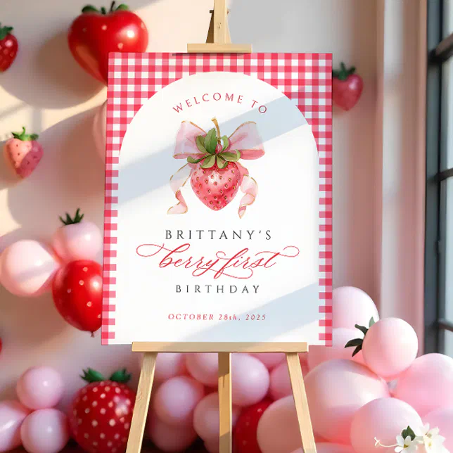 Red Gingham Berry First Birthday Welcome Sign | Zazzle