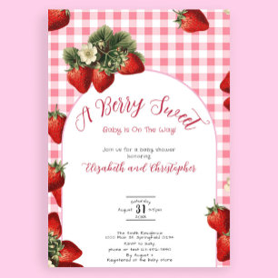 Red Gingham Berry Sweet Strawberry Baby Shower Invitation
