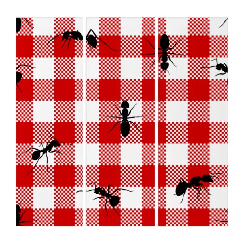 red gingham black ants triptych