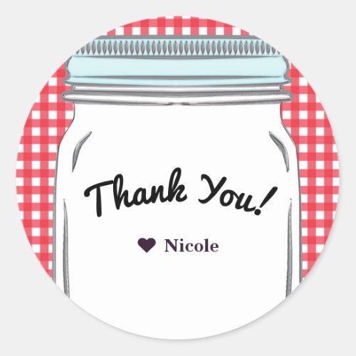 Red Gingham  Blue Mason Jar Rustic Country Favor Classic Round Sticker