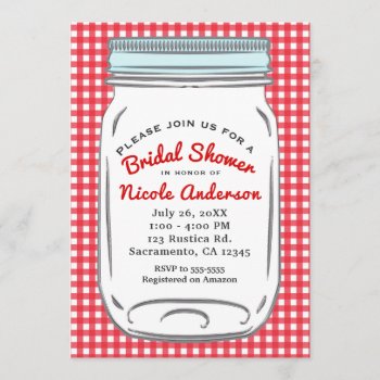 Red Gingham & Blue Mason Jar Rustic Country Invitation by printabledigidesigns at Zazzle
