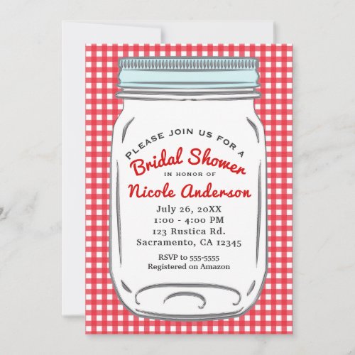 Red Gingham  Blue Mason Jar Rustic Country Invitation