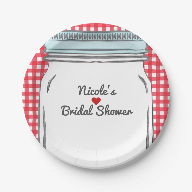 Red Gingham & Blue Mason Jar Rustic Country Party Paper Plates (Front)