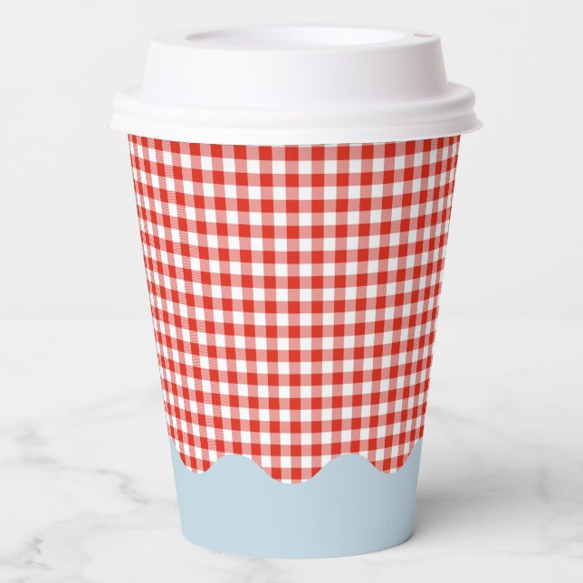 Red Gingham & Blue Wavy Baby Shower Paper Cups (Front)