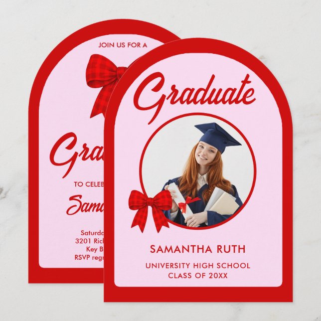 Red Gingham Bow Arch Photo Graduation Party Invitation (Front/Back)