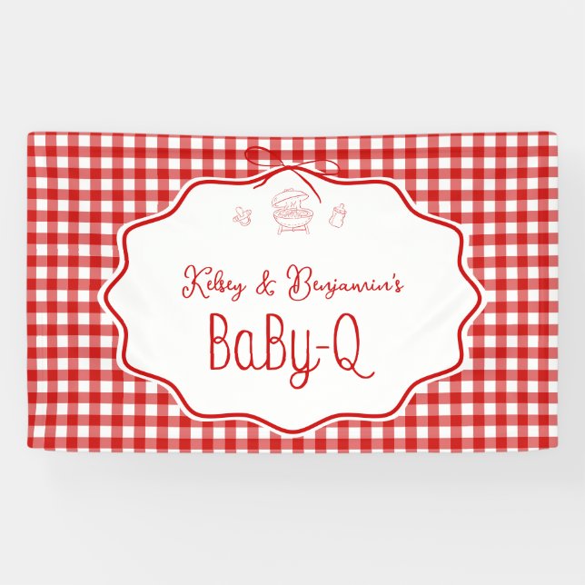 Red Gingham Bow Barbecue Baby-Q BBQ Baby Shower Banner (Horizontal)