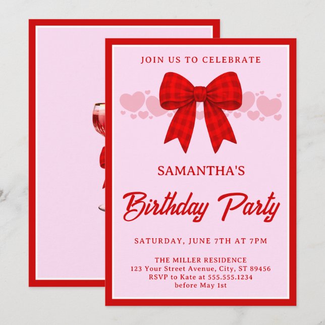 Red Gingham Bow Birthday Invitation (Front/Back)