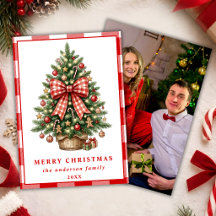 Red Gingham Bow Christmas Tree Family Photo Card