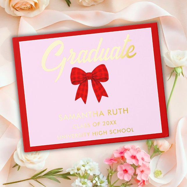 Red Gingham Bow Graduation Party Foil Guest Book (Creator Uploaded)