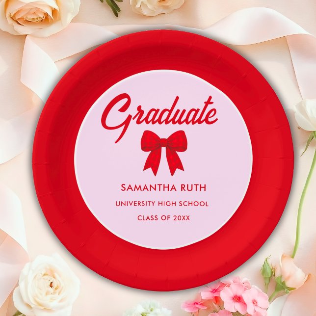 Red Gingham Bow Graduation Party Paper Plates (Creator Uploaded)