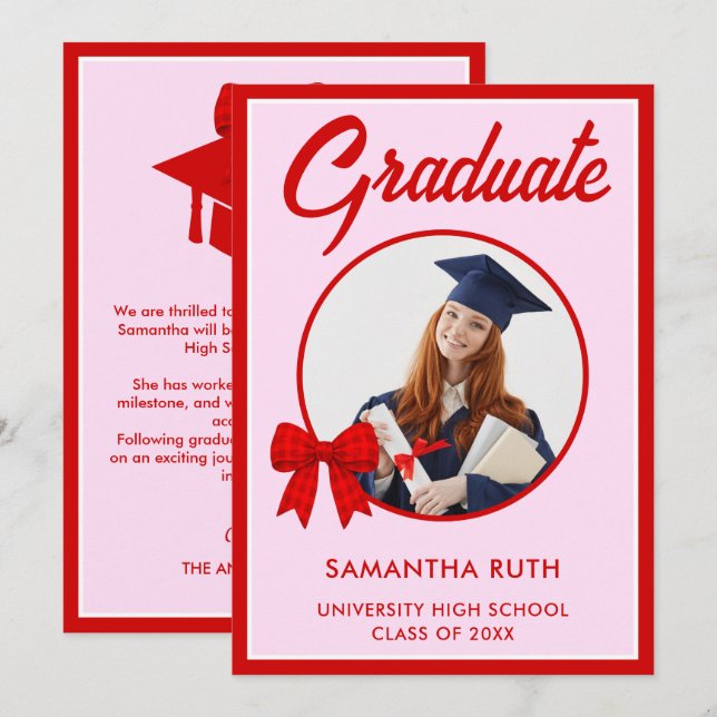 Red Gingham Bow Photo Graduation Announcement (Front/Back)