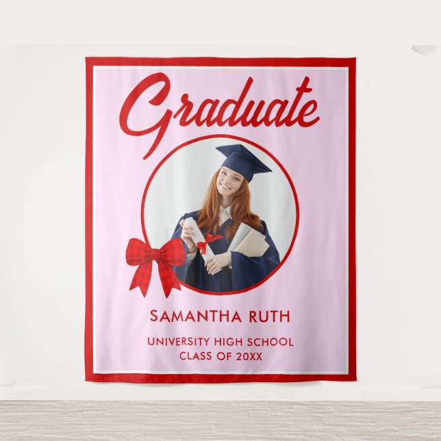 Red Gingham Bow Photo Graduation Backdrop (Front)