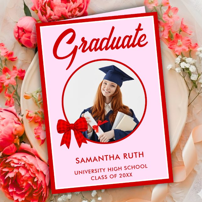 Red Gingham Bow Photo Graduation  Card (Creator Uploaded)