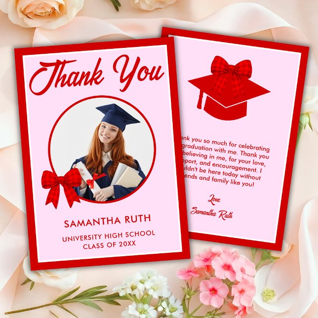 Red Gingham Bow Photo Graduation Thank You Card (Creator Uploaded)