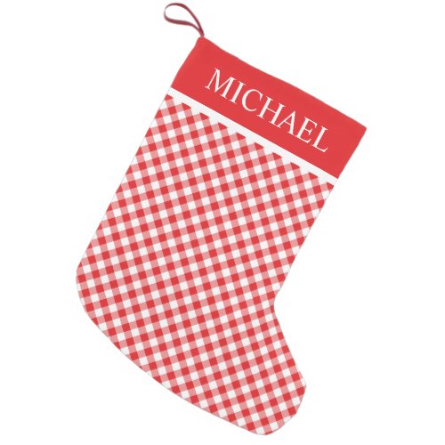 Red Gingham Buffalo Check Custom Name Monogram Small Christmas Stocking