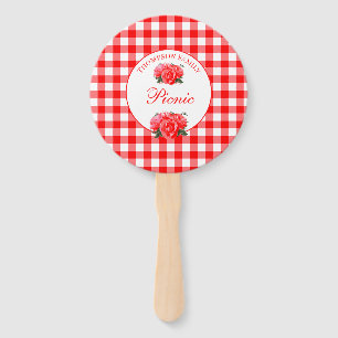 Red Gingham Buffalo Plaid Check Summer Picnic Hand Fan
