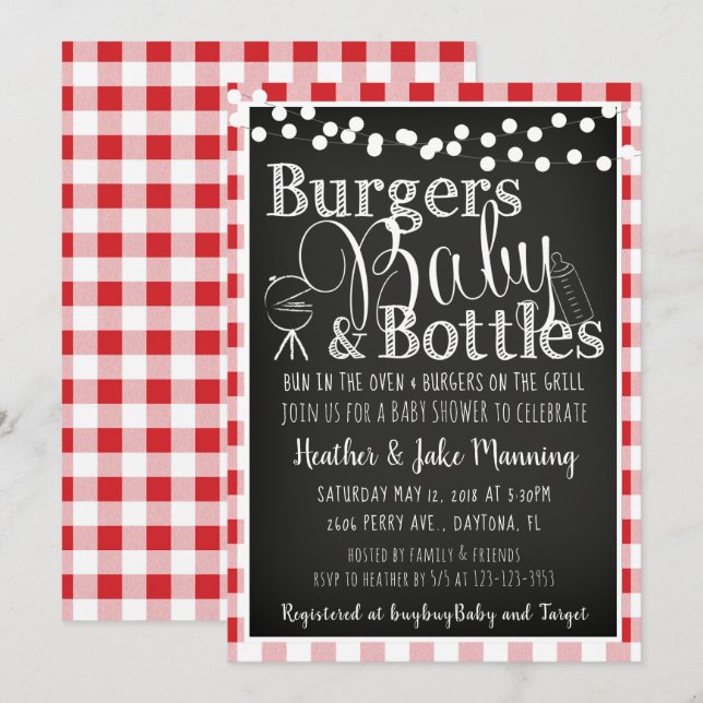 Red Gingham Burgers Bottles Baby Shower Invitation (Front/Back)
