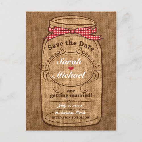 Red Gingham  Burlap Mason Jar Save the Date Announcement Postcard