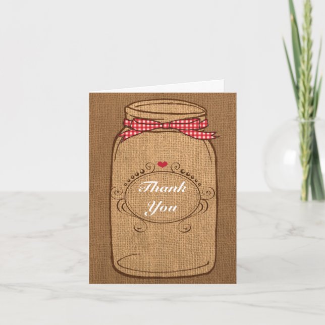 Red Gingham & Burlap Mason Jar Thank You Card (Front)