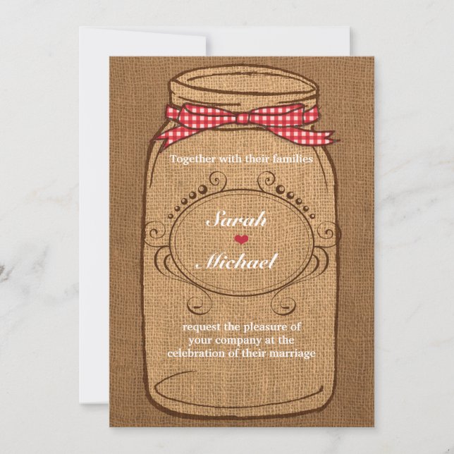 Red Gingham & Burlap Mason Jar Wedding Invitation (Front)
