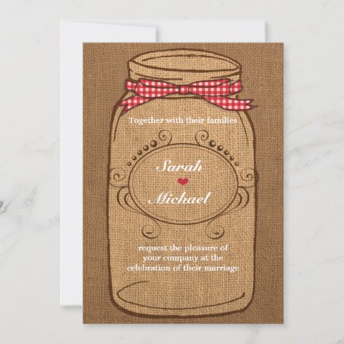 Red Gingham  Burlap Mason Jar Wedding Invitation