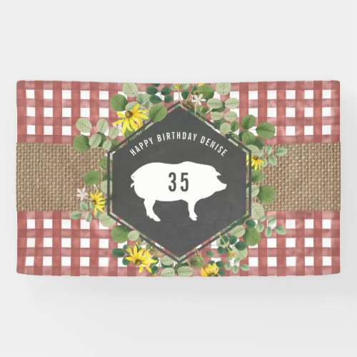 Red Gingham Burlap Pig Floral Birthday Bbq Banner