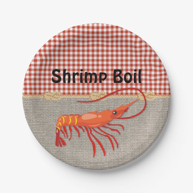 Red Gingham Burlap Rope Shrimp Boil Party Paper Plates (Front)