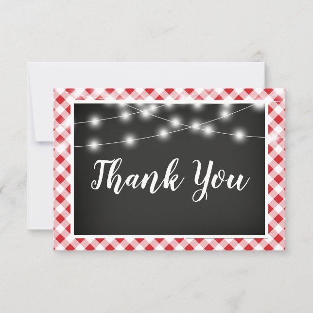 Red Gingham Chalkboard Lights Shower Thank You Card (Front)