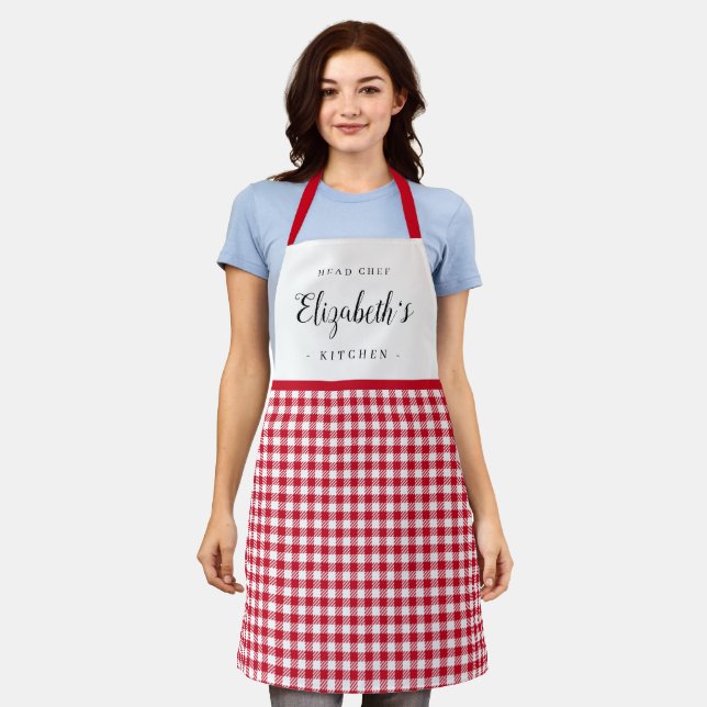 Red gingham check adult personalized cooking apron (Worn)