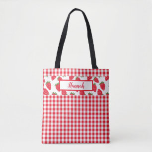 Red Gingham Check and Strawberries Monogrammed Tote Bag