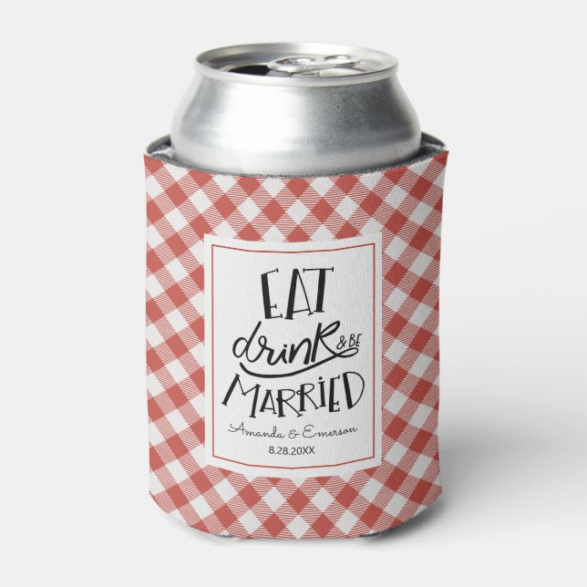Red Gingham Check Eat Drink Be Married Wedding Can Cooler (Can Front)