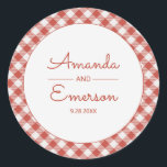 Red Gingham Check Fun Casual Custom Wedding Favor Classic Round Sticker<br><div class="desc">A fun wedding sticker featuring the wedding couple's name and wedding date surround by a red and white gingham check pattern.  Great for favors,  thanks yous,  envelope seals,  etc.</div>
