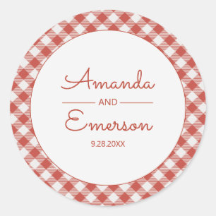 Red Gingham Check Fun Casual Custom Wedding Favor Classic Round Sticker