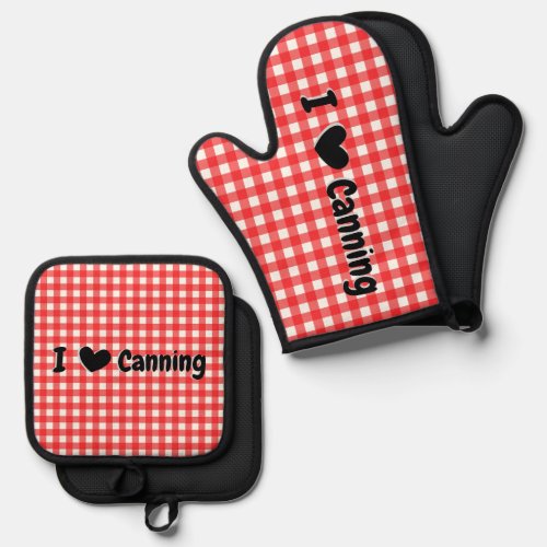 Red Gingham Check I Heart Canning Jar  Oven Mitt  Pot Holder Set