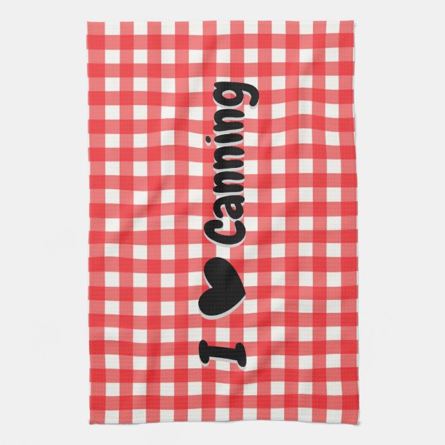 Red Gingham Check Pattern I Heart Canning Kitchen Towel (Vertical)