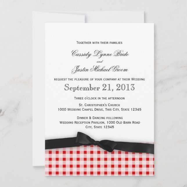 Red Gingham Check Pattern with Ribbon Invitation (Front)