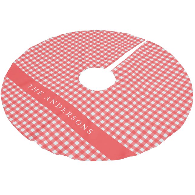 Red Gingham Check Personalized Family Name Holiday Brushed Polyester Tree Skirt (Angled)
