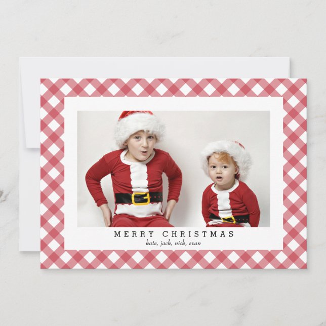 Red Gingham Check Plaid Photo Card for Christmas (Front)