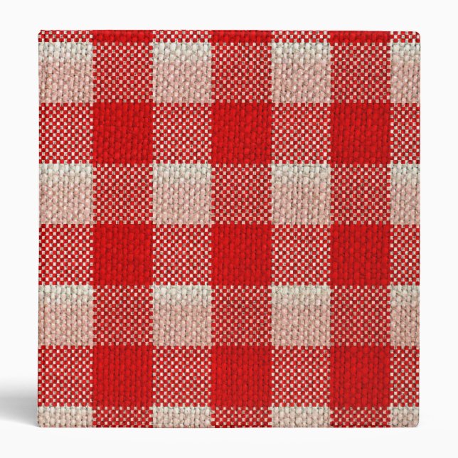 Red Gingham Checkered Pattern Burlap Look 3 Ring Binder (Front)